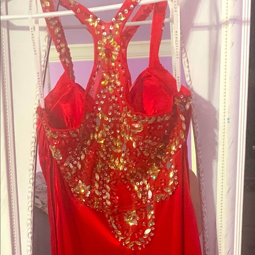 Red silk gown with beaded back